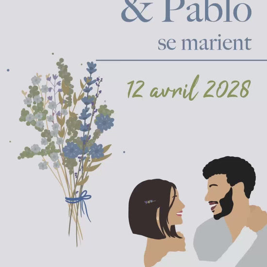 Vidéo Save the date originale pour annoncer votre mariage, thème bouquet de fleurs avec illustration de votre couple, coloris bleu / vert