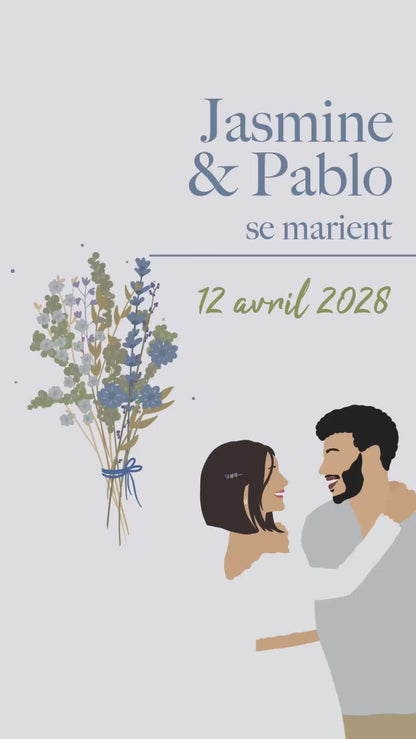 Vidéo Save the date originale pour annoncer votre mariage, thème bouquet de fleurs avec illustration de votre couple, coloris bleu / vert