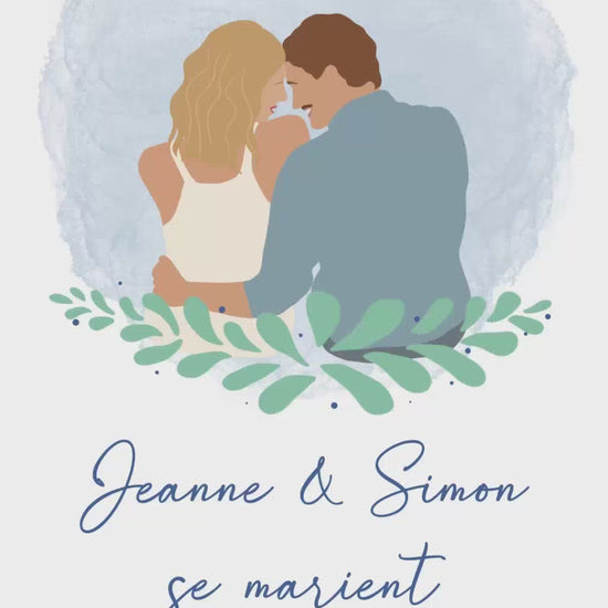 Vidéo de 22 secondes pour annoncer la date et le lieu de votre mariage, thème romantique avec illustration de votre couple