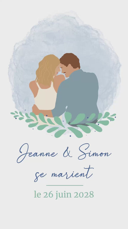 Vidéo de 22 secondes pour annoncer la date et le lieu de votre mariage, thème romantique avec illustration de votre couple