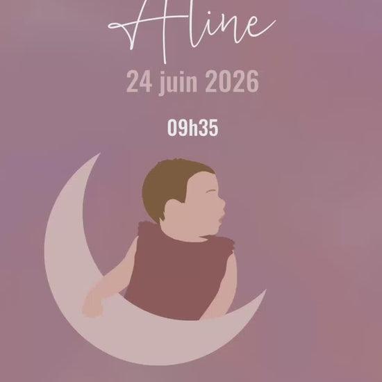 Faire-part animé de 32 secondes pour annoncer l'arrivée de votre enfant sur le thème Céleste couleur rose avec illustration de votre bébé