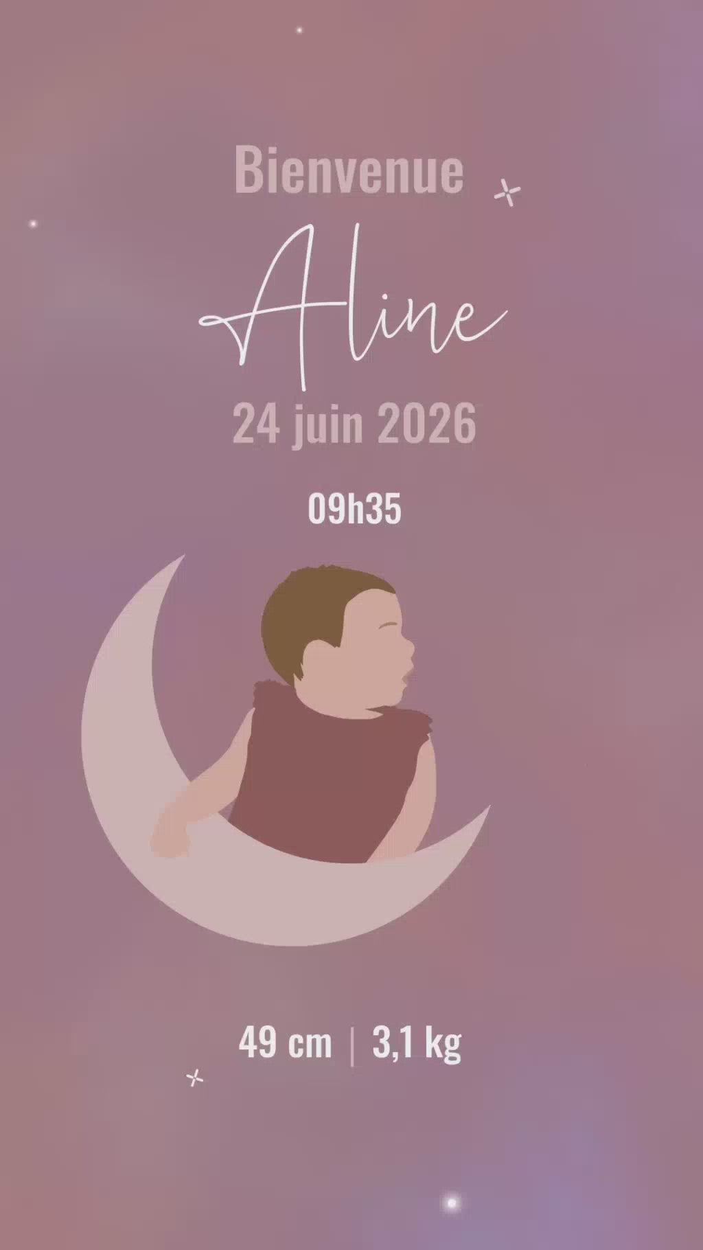 Faire-part animé de 32 secondes pour annoncer l'arrivée de votre enfant sur le thème Céleste couleur rose avec illustration de votre bébé