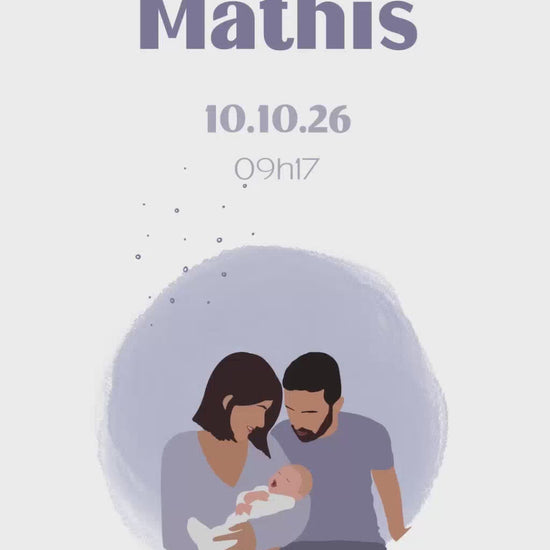 Vidéo de faire-part de naissance de 32 secondes pour partager la bonne nouvelle à vos proches, thème dans ma. bulle couleur violet avec illustration de votre couple