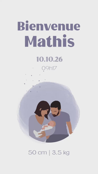 Vidéo de faire-part de naissance de 32 secondes pour partager la bonne nouvelle à vos proches, thème dans ma. bulle couleur violet avec illustration de votre couple