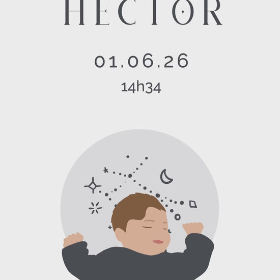 Save the date vidéo de 32 secondes pour annoncer avec originalité l'arrivée de votre bébé sur le thème " Astro " avec illustration de votre bébé - signe : gémeaux