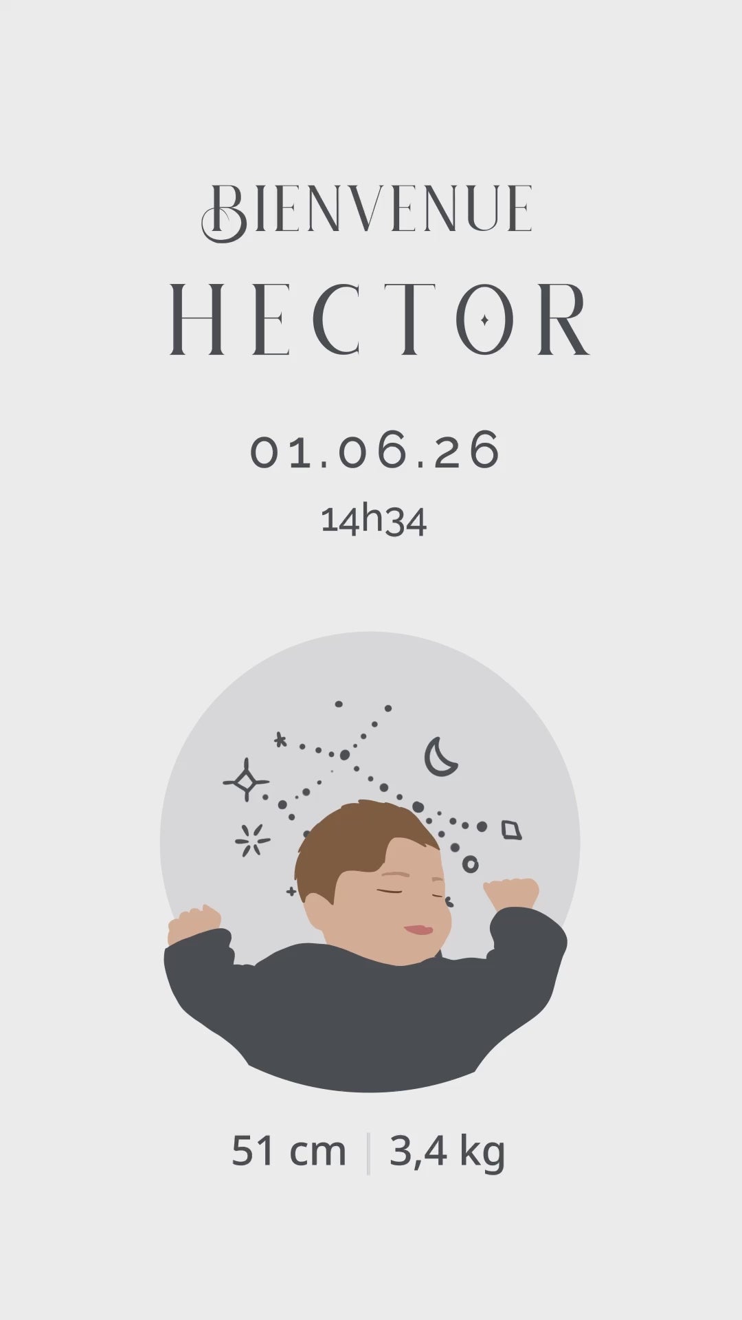 Save the date vidéo de 32 secondes pour annoncer avec originalité l'arrivée de votre bébé sur le thème " Astro " avec illustration de votre bébé - signe : gémeaux