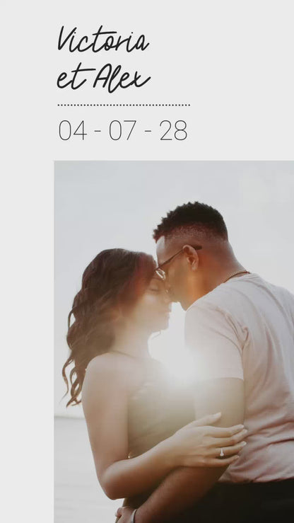 Vidéo de 22 secondes pour la save the date de votre mariage. Façon moderne et originale pour annoncer la grande nouvelle. Avec la photo de votre couple