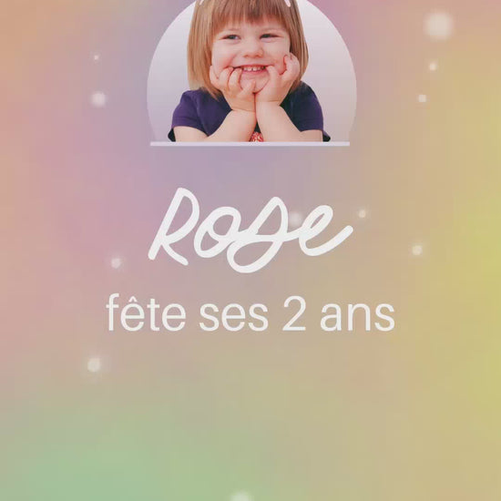 Vidéo féérique de 30 secondes pour invitation anniversaire de votre enfant avec sa photo avec un serre-tête licorne