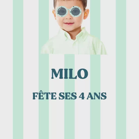 vidéo de 30 secondes invitation anniversaire thème rayures vertes avec photo de votre enfant et avec des lunettes de soleil