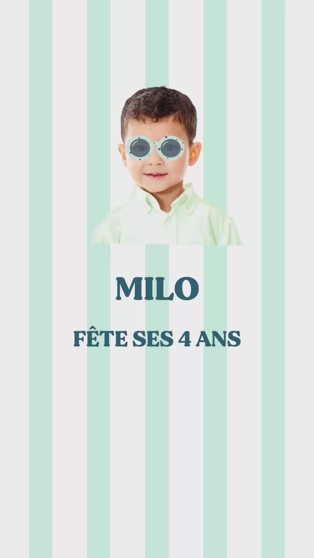 vidéo de 30 secondes invitation anniversaire thème rayures vertes avec photo de votre enfant et avec des lunettes de soleil