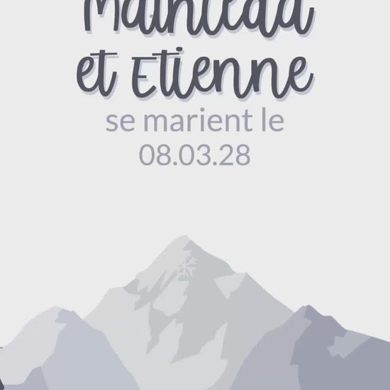 Save the date numérique en format vidéo de 22 secondes pour annoncer la date de votre mariage sur le thème de la montagne en hiver avec musique et flocon qui tombent