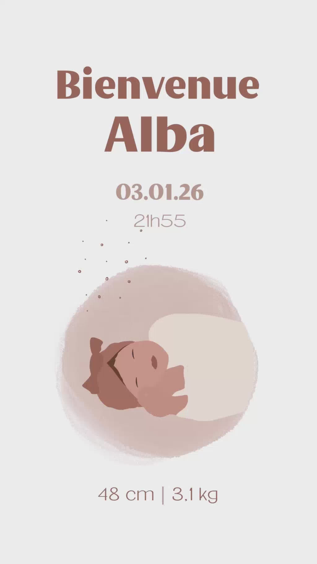 Vidéo de 32 secondes pour annoncer la naissance de votre enfant thème "dans ma bulle" couleur rose avec illustration de votre bébé