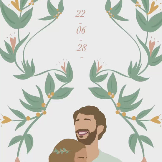 Vidéo de 22 secondes save the date avec vos prénom et la date du jour J sur le thème du jardin botanique avec l'illustration de votre couple