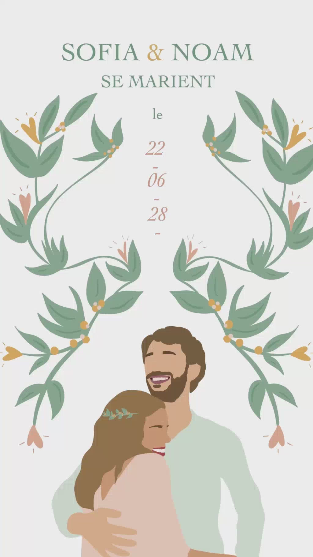 Vidéo de 22 secondes save the date avec vos prénom et la date du jour J sur le thème du jardin botanique avec l'illustration de votre couple