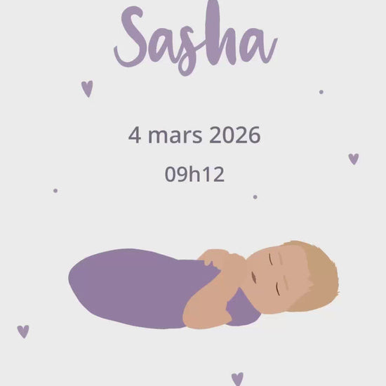 Vidéo 32 secondes du faire-part de naissance thème petits coeurs couleur lilas avec illustration de votre enfant