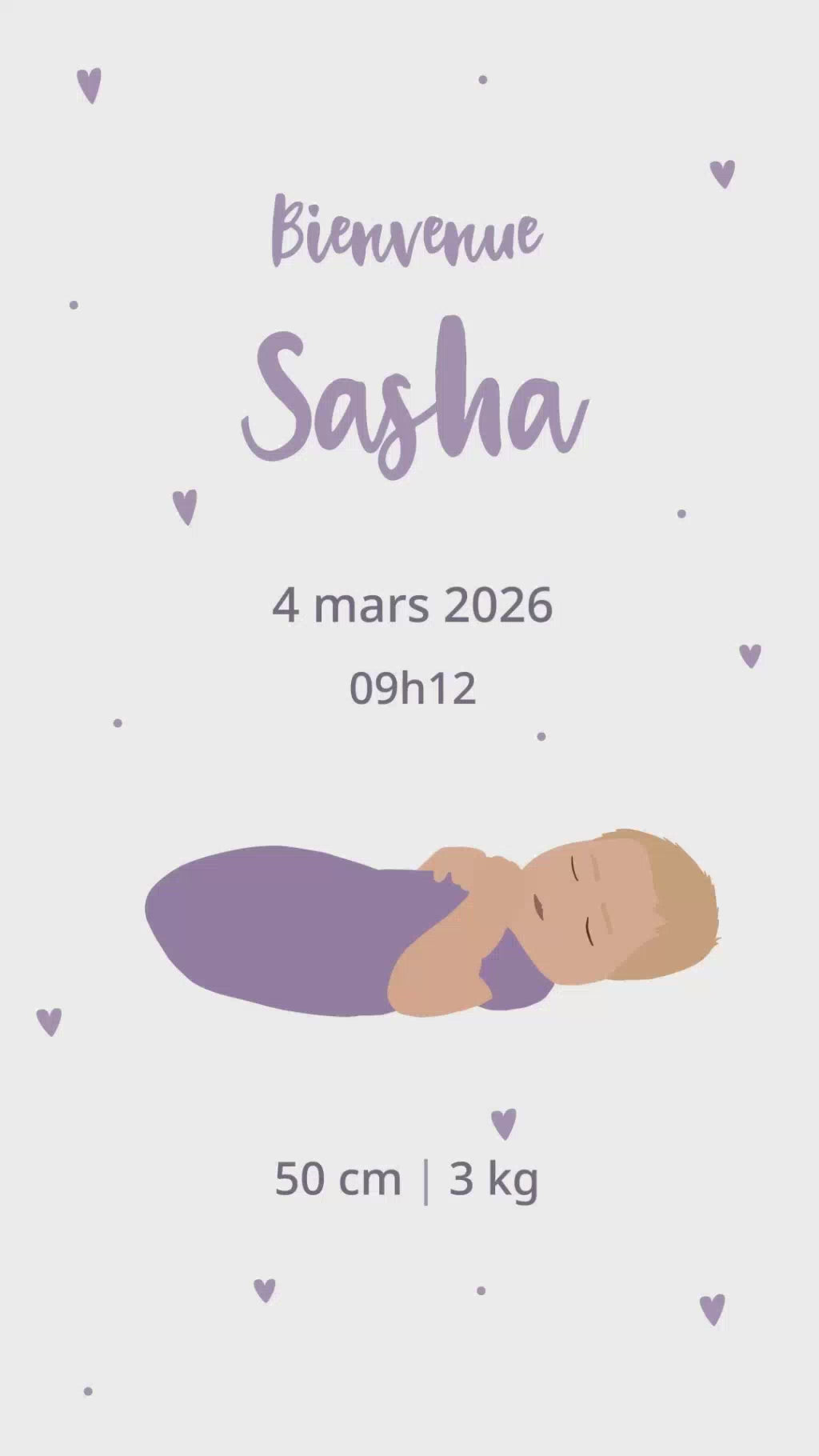 Vidéo 32 secondes du faire-part de naissance thème petits coeurs couleur lilas avec illustration de votre enfant