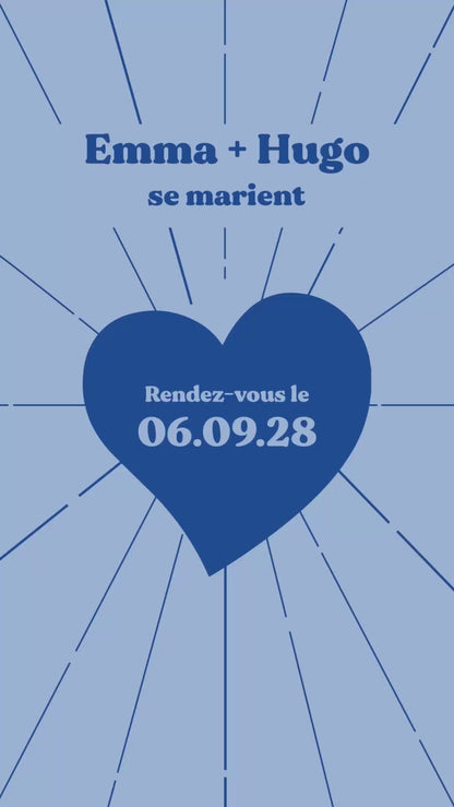 Vidéo de 22 secondes pour le save the date mariage thème coeur couleur bleu