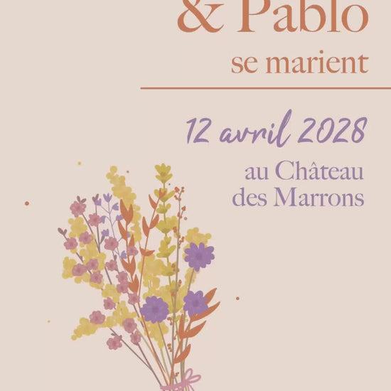 Save the date animé de 22 secondes avec les informations clés pour le jour J, thème bouquet orange violet