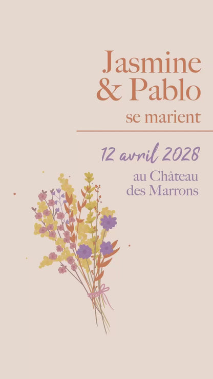 Save the date animé de 22 secondes avec les informations clés pour le jour J, thème bouquet orange violet