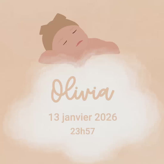 Vidéo de 32 secondes pour annoncer l'arrivée de votre enfant sur le thème "sur mon nuage" avec illustration de votre bébé