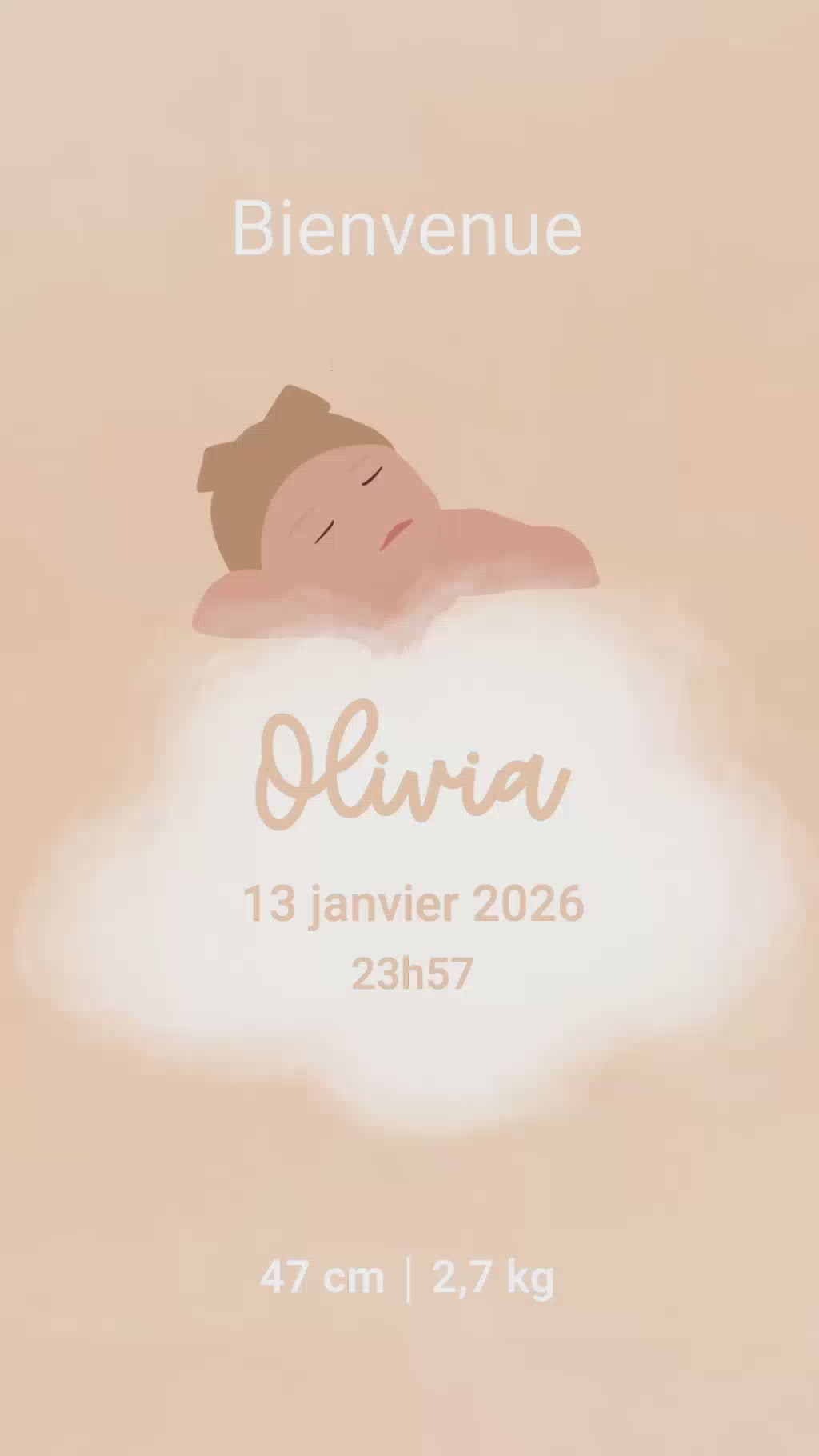 Vidéo de 32 secondes pour annoncer l'arrivée de votre enfant sur le thème "sur mon nuage" avec illustration de votre bébé