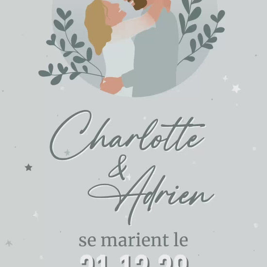 Vidéo de 22 secondes pour annoncer votre mariage de façon originale, thème Solstice d'hiver avec illustration de votre couple. 