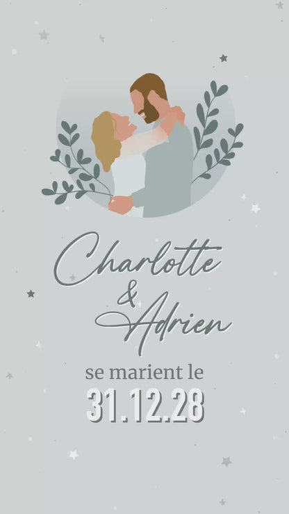 Vidéo de 22 secondes pour annoncer votre mariage de façon originale, thème Solstice d'hiver avec illustration de votre couple. 