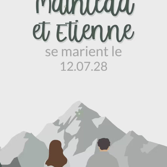 vidéo de 22 secondes originale pour annoncer la date de votre mariage sur le thème de la montagne en été avec dessin de votre couple