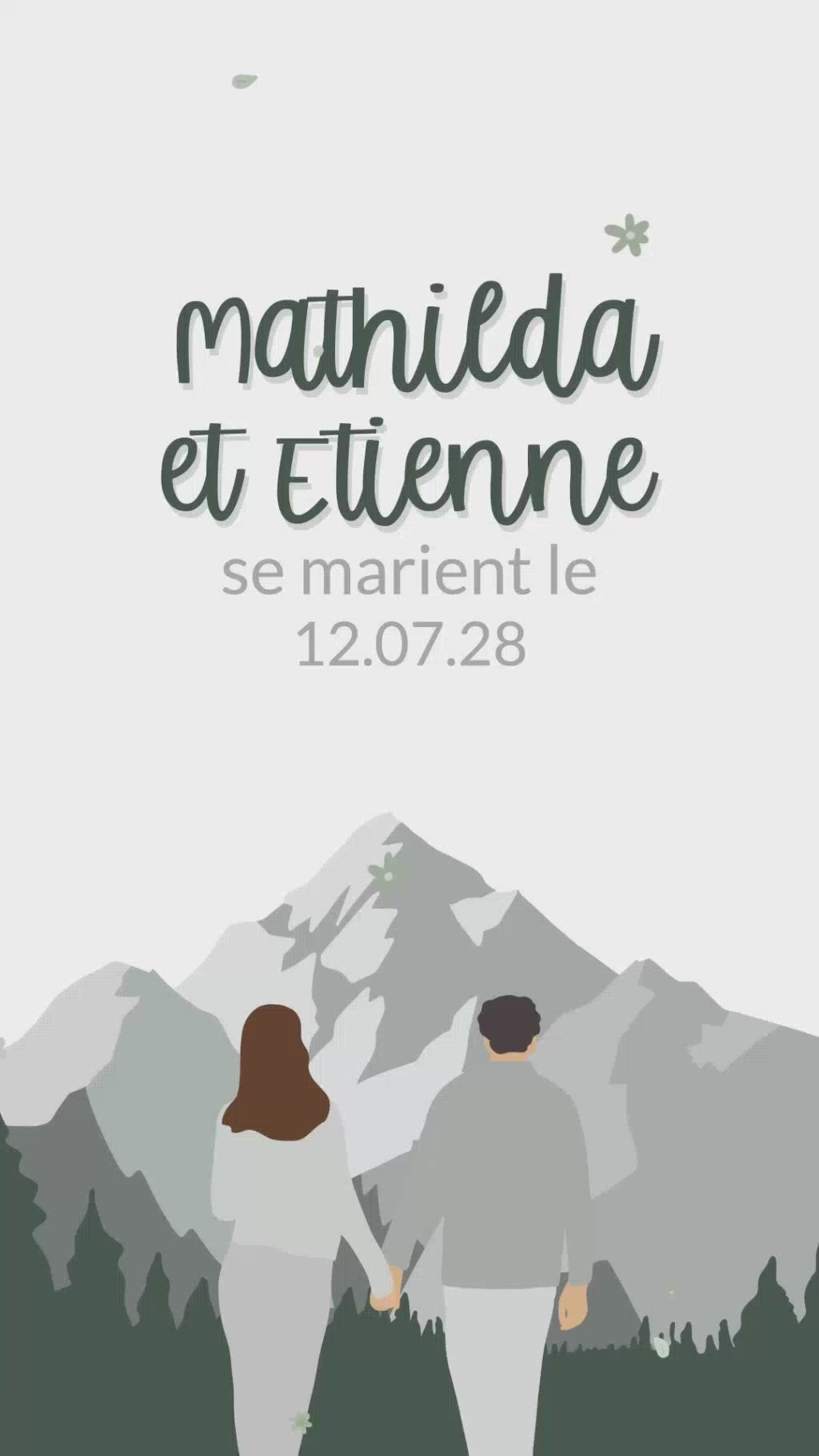 vidéo de 22 secondes originale pour annoncer la date de votre mariage sur le thème de la montagne en été avec dessin de votre couple