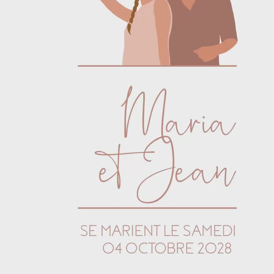 Save the date mariage en format vidéo de 22 secondes thème épuré et élégant avec illustration de votre couple et police manuscrite