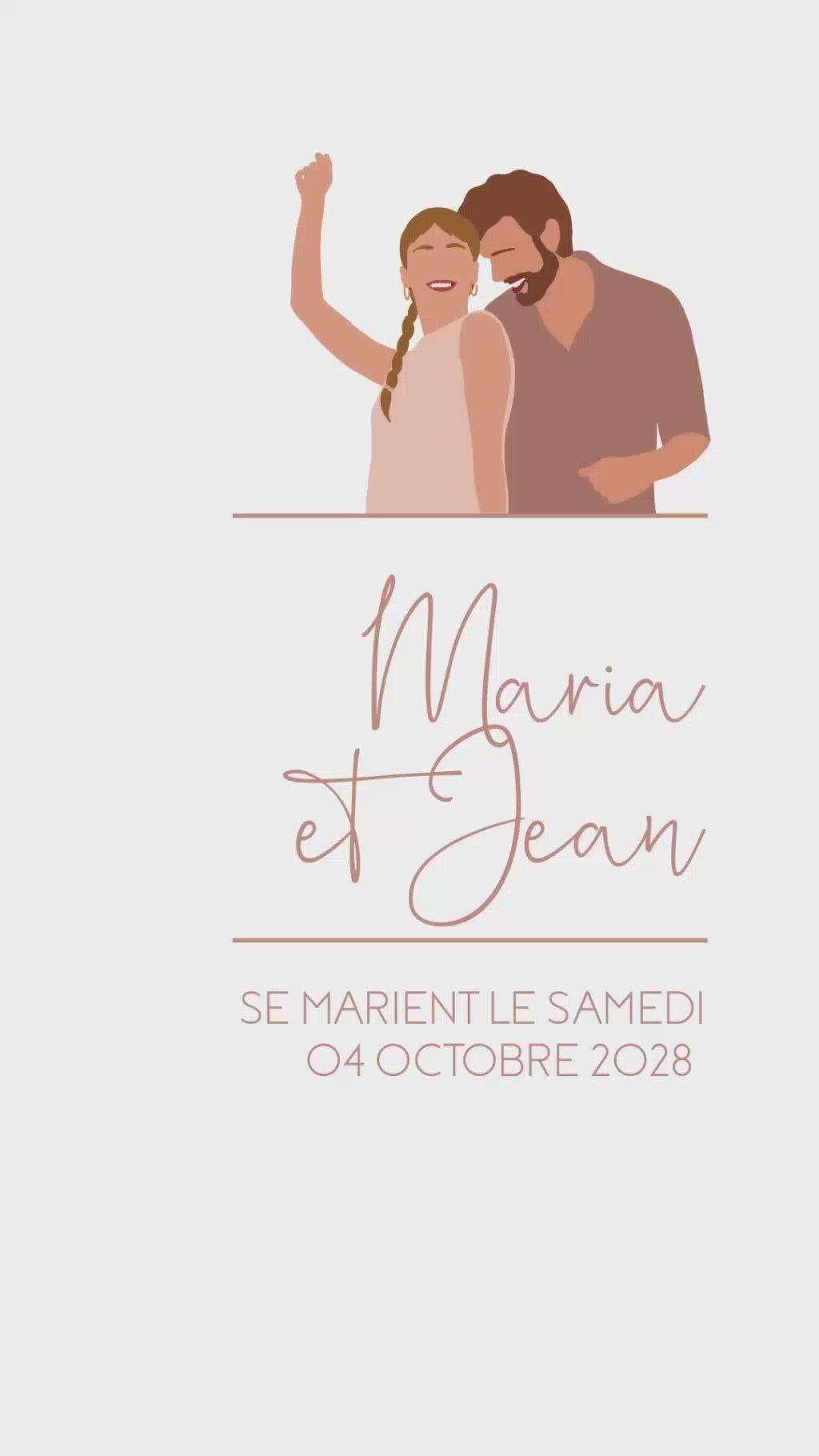 Save the date mariage en format vidéo de 22 secondes thème épuré et élégant avec illustration de votre couple et police manuscrite