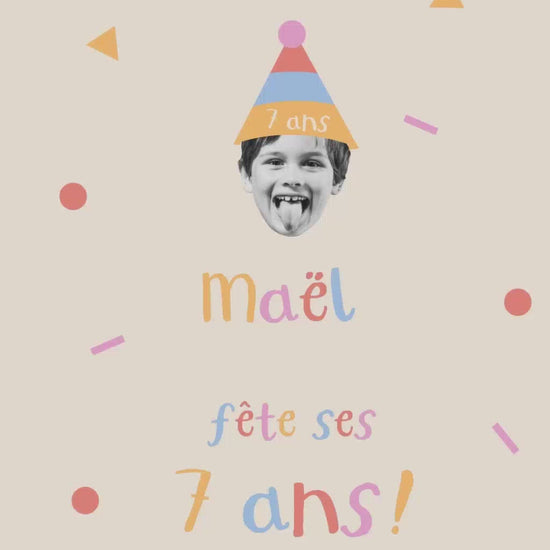 Vidéo de 30 secondes à envoyer pour l'invitation anniversaire de votre enfant sur le thème "Confettis en folie" couleur beige avec la photo de votre enfant 