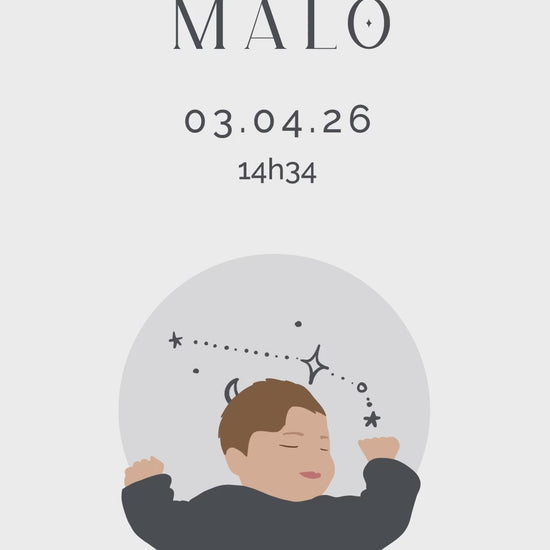 Save the date vidéo de 32 secondes pour annoncer avec originalité l'arrivée de votre bébé sur le thème " Astro " avec illustration de votre bébé - signe : bélier