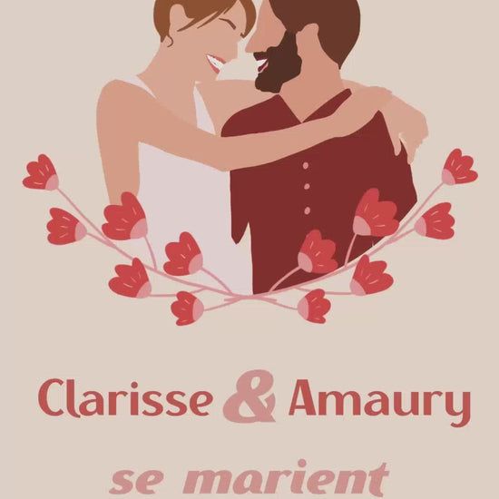 Vidéo save the date de 22 secondes pour annoncer la bonne nouvelle aux invités, thème mariés en fleurs coloris rouge avec illustration de votre couple