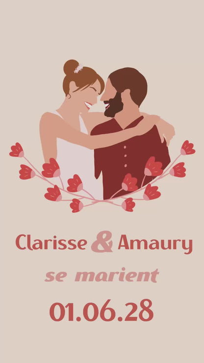 Vidéo save the date de 22 secondes pour annoncer la bonne nouvelle aux invités, thème mariés en fleurs coloris rouge avec illustration de votre couple