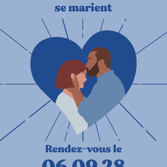 Vidéo de 22 secondes pour le save the date mariage thème coeur couleur bleu avec illustration de votre couple au centre