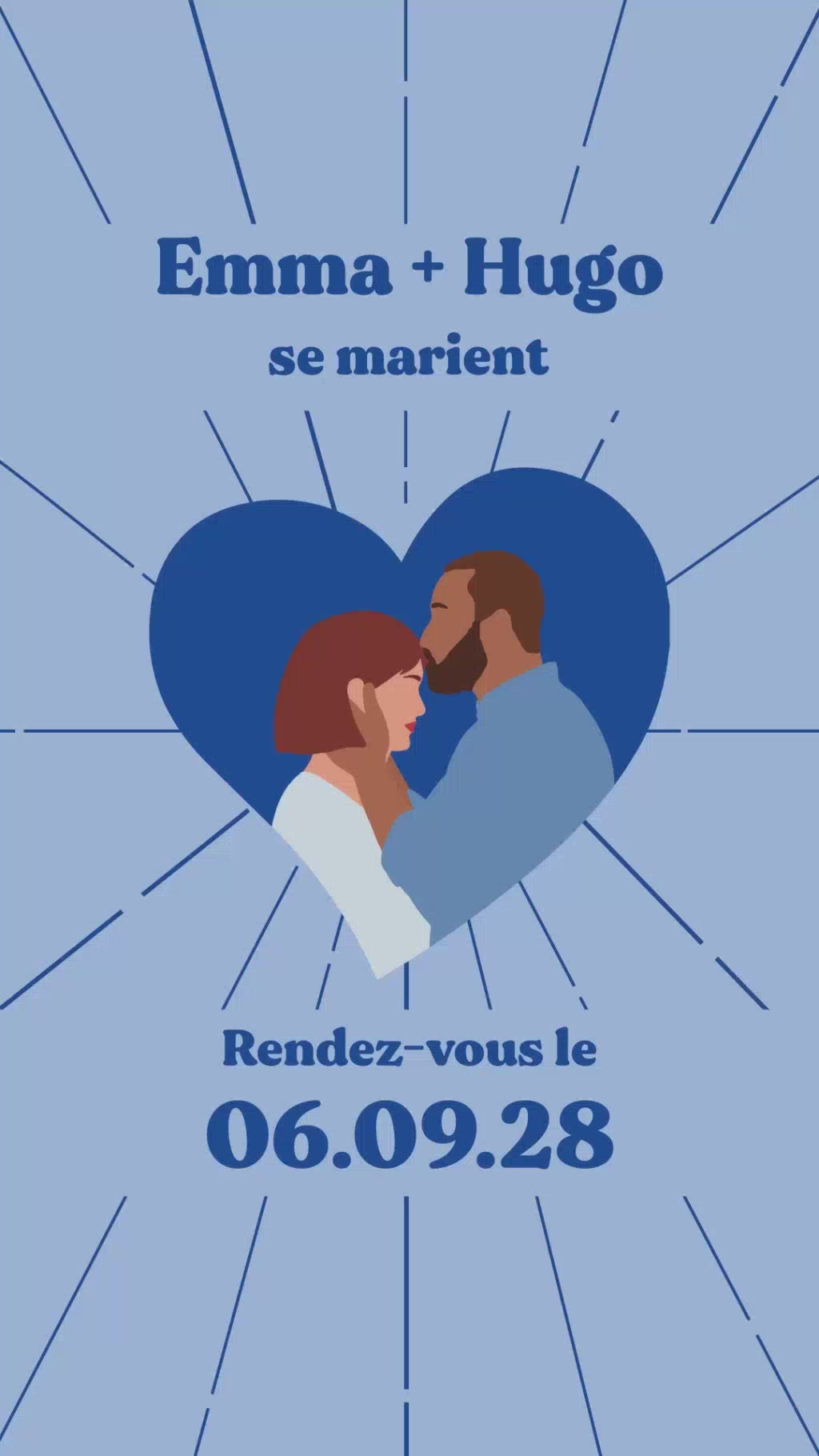 Vidéo de 22 secondes pour le save the date mariage thème coeur couleur bleu avec illustration de votre couple au centre