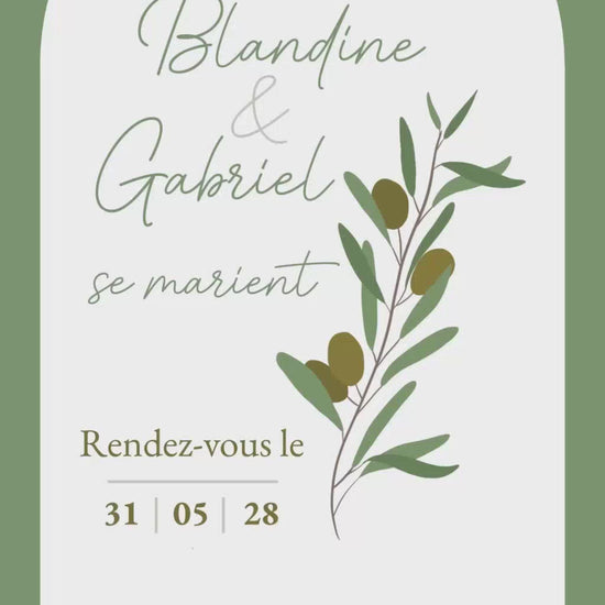 Save the date format vidéo de 22 secondes pour annoncer la grande nouvelle, couleur vert olive