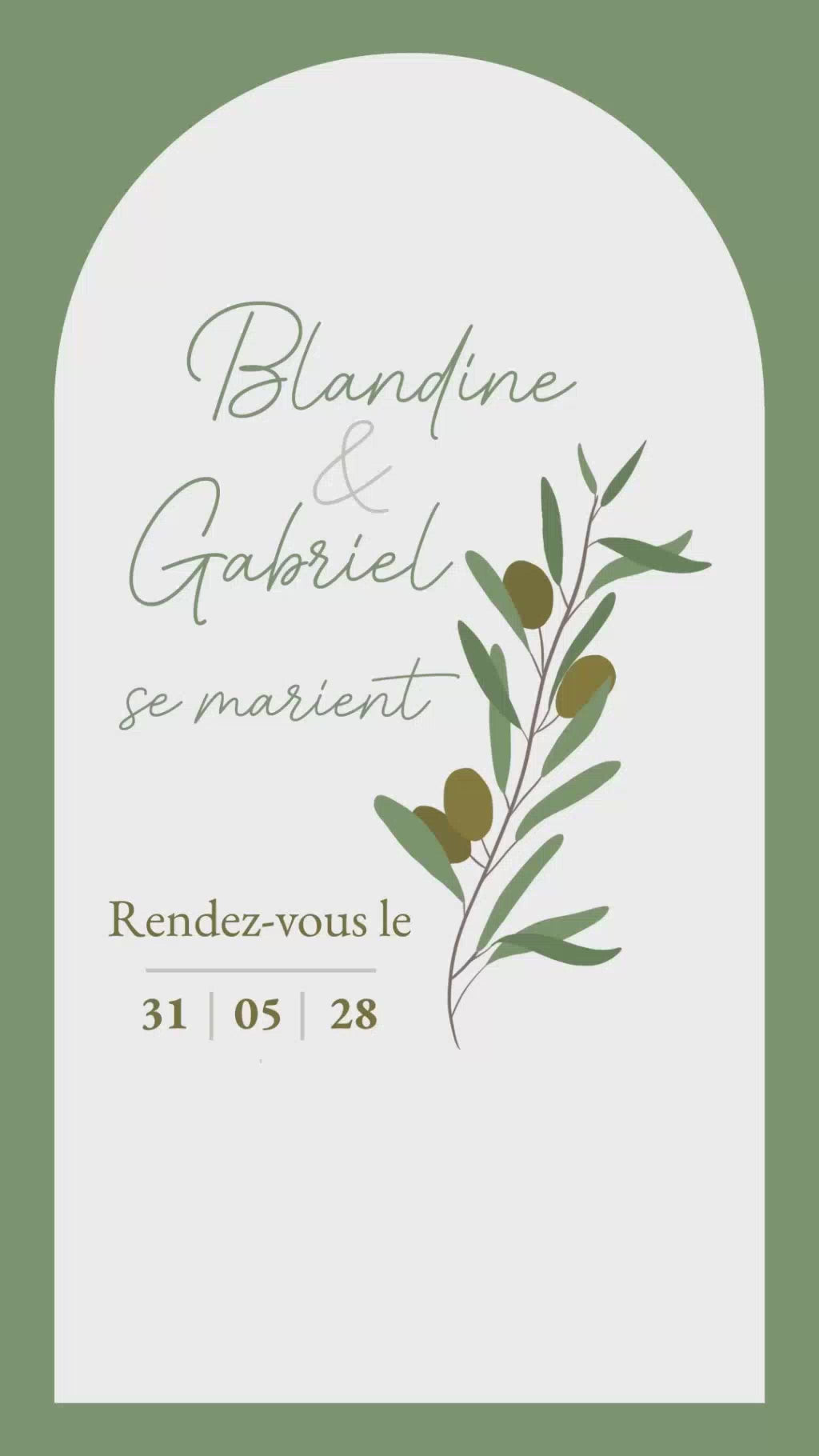 Save the date format vidéo de 22 secondes pour annoncer la grande nouvelle, couleur vert olive