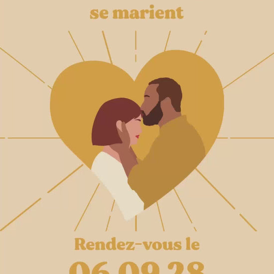 Vidéo de 22 secondes pour le save the date mariage thème coeur couleur jaune avec illustration de votre couple au centre