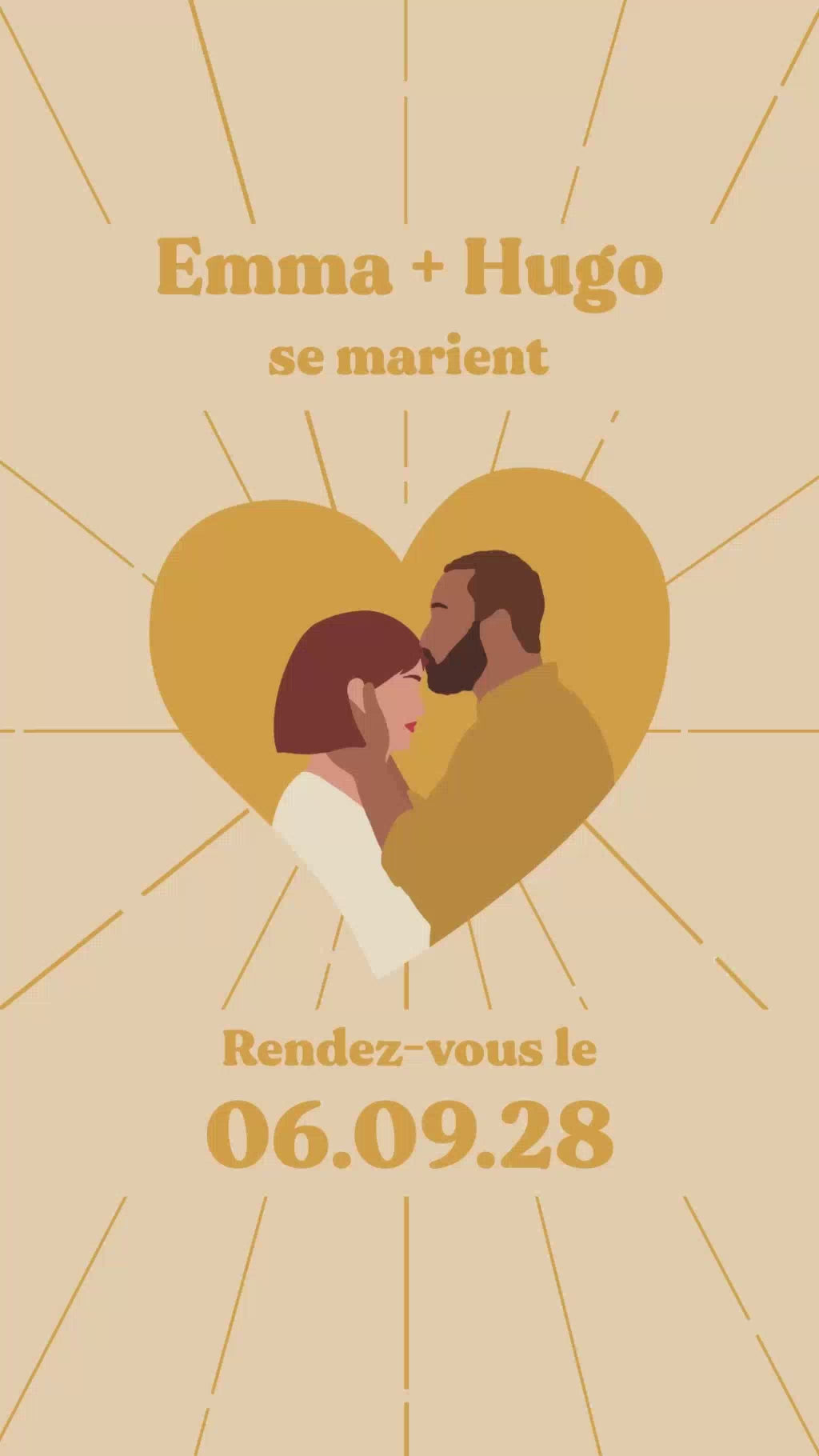 Vidéo de 22 secondes pour le save the date mariage thème coeur couleur jaune avec illustration de votre couple au centre