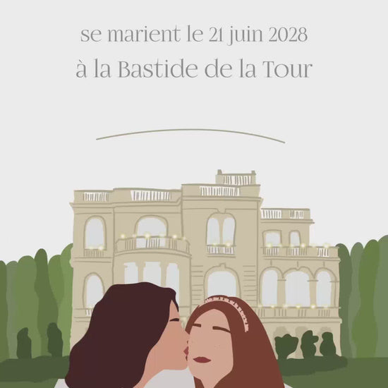 Vidéo de 22 secondes pour annoncer la date et le lieu de votre mariage, illustration de votre lieu et de votre couple 100% personnalisable