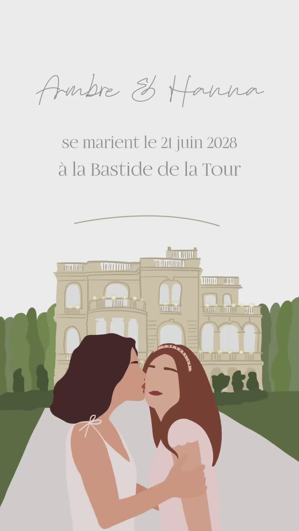 Vidéo de 22 secondes pour annoncer la date et le lieu de votre mariage, illustration de votre lieu et de votre couple 100% personnalisable