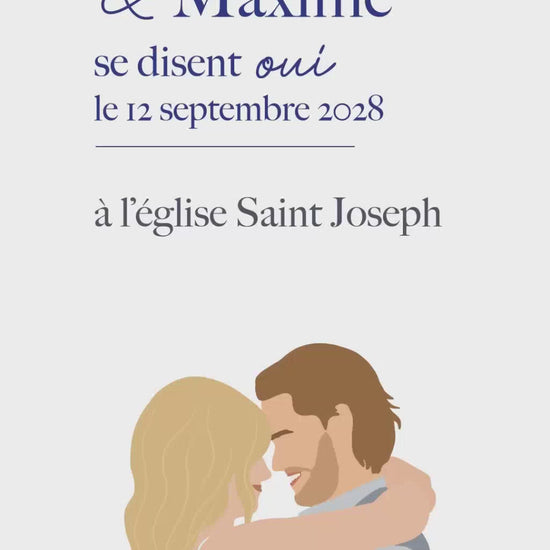 Vidéo de 22 secondes pour annoncer de façon originale et moderne la grande nouvelle et les infos essentielle pour votre mariage, avec illustration de votre couple