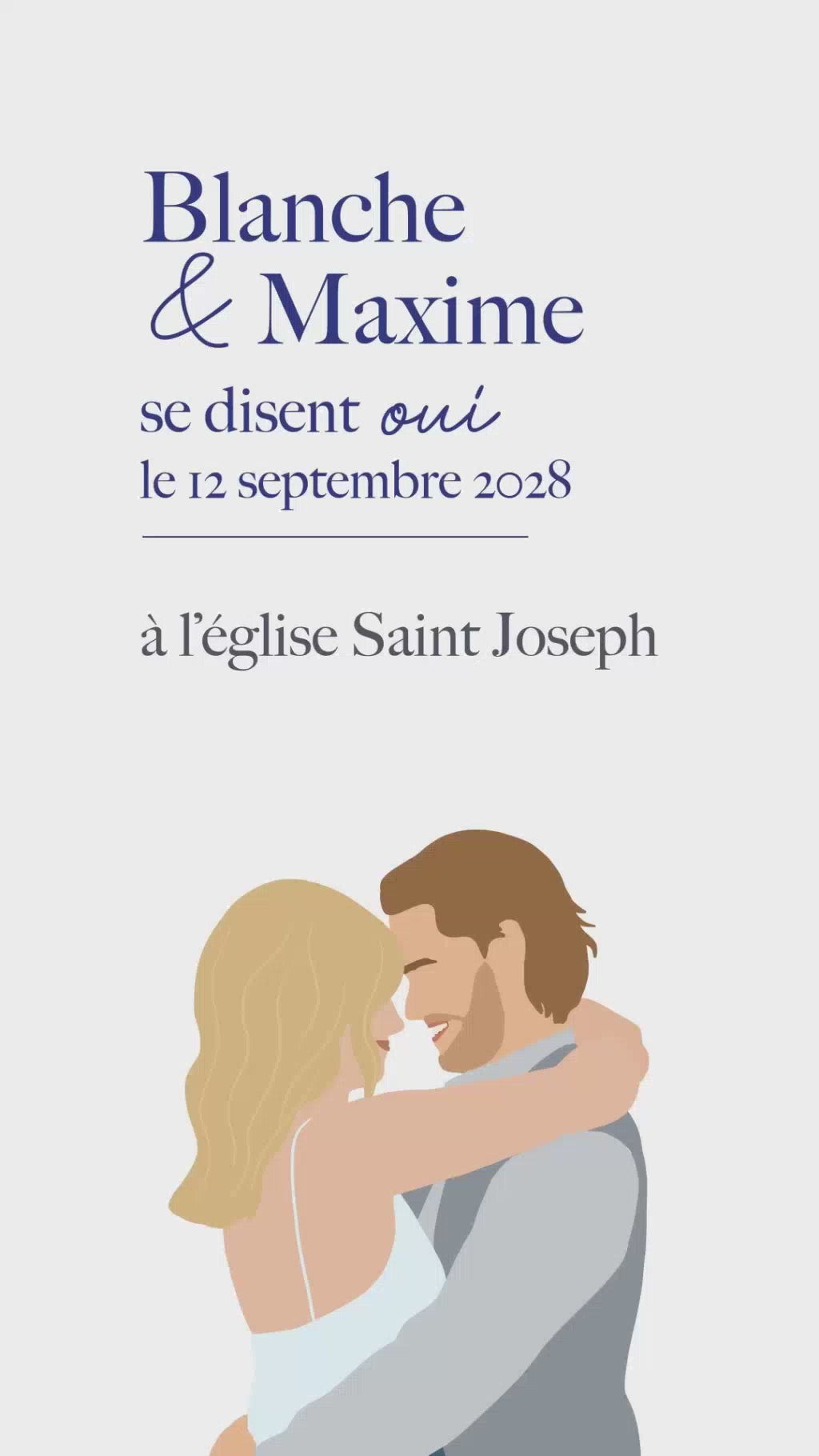 Vidéo de 22 secondes pour annoncer de façon originale et moderne la grande nouvelle et les infos essentielle pour votre mariage, avec illustration de votre couple