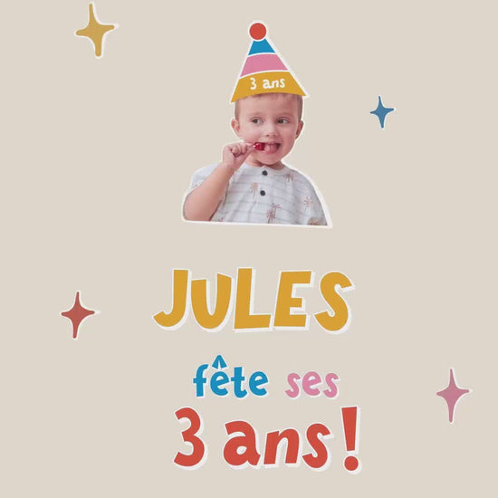 Vidéo de 30 secondes pour invitation anniversaire de votre enfant thème Peps. Avec la photo de votre enfant avec un chapeau pointu