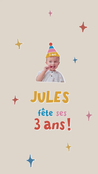 Vidéo de 30 secondes pour invitation anniversaire de votre enfant thème Peps. Avec la photo de votre enfant avec un chapeau pointu