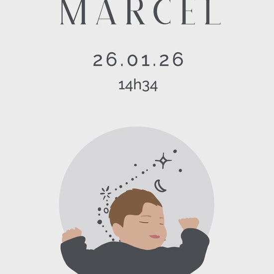 Save the date vidéo de 32 secondes pour annoncer avec originalité l'arrivée de votre bébé sur le thème " Astro " avec illustration de votre bébé - signe : verseau