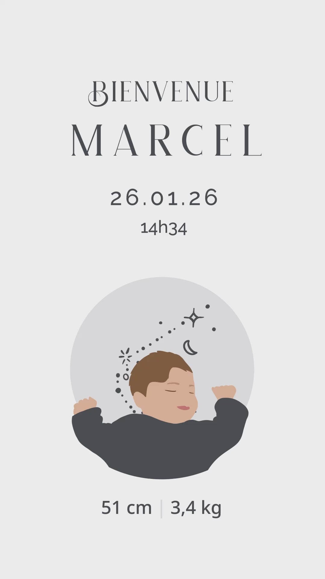 Save the date vidéo de 32 secondes pour annoncer avec originalité l'arrivée de votre bébé sur le thème " Astro " avec illustration de votre bébé - signe : verseau