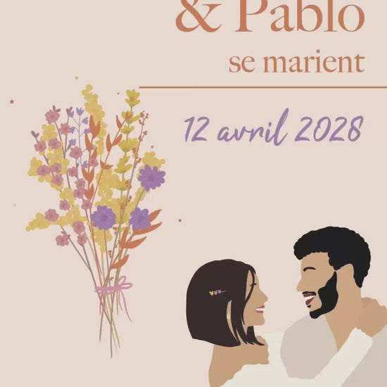 Vidéo de 22 secondes pour annoncer votre mariage de façon originale sur le thème bouquet de mariée couleur orange violet et illustration de votre couple